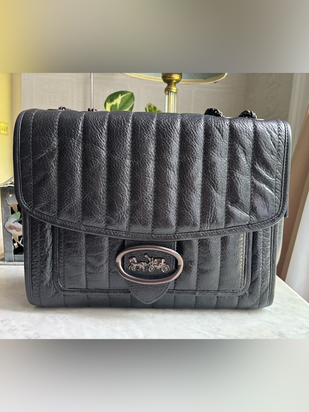 NWOT Coach Black Quilted Leather Shoulder Bag with Coach Logo Buckle Detail